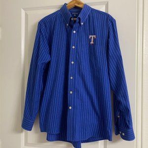 ANTIGUA * l/s BLUE WHITE stripe SHIRT * TEXAS RANGERS Applique CHEST POCKET * L